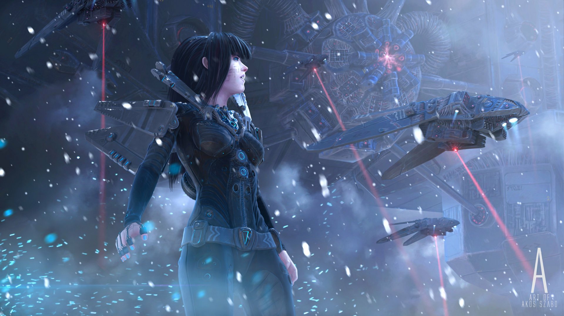 HD sci-fi PC desktop wallpaper featuring a woman warrior in futuristic armor amid a snowy, high-tech battle scene with flying ships and laser beams.