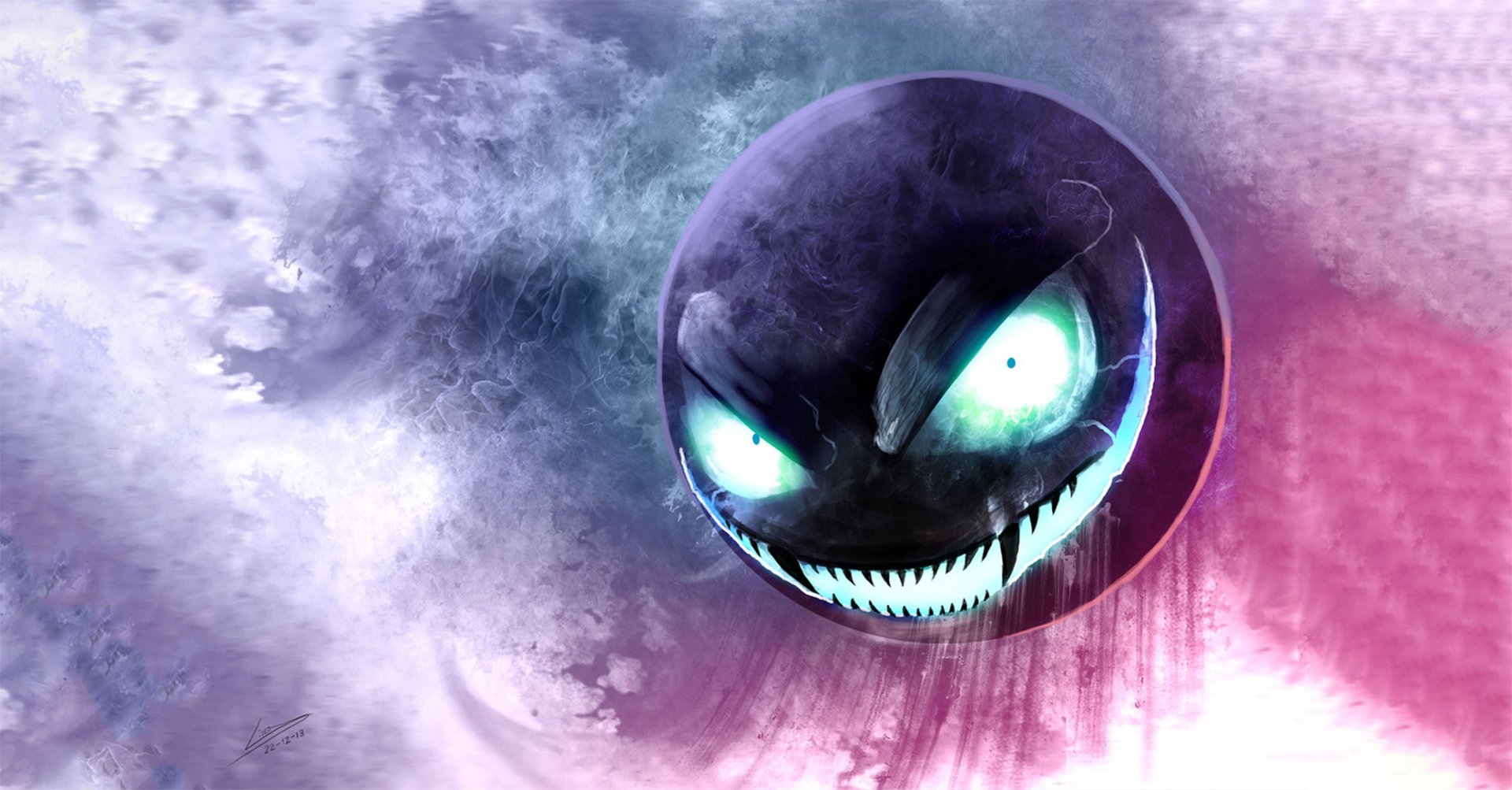 HD PC desktop wallpaper featuring Gastly, the ghost-type Pokémon, with glowing eyes and a dark, smoky background from the Pokémon video game series.