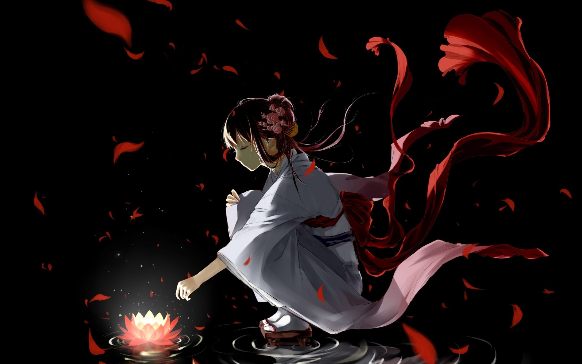 HD anime desktop wallpaper featuring a girl in traditional clothing surrounded by floating red petals and a glowing lotus on a dark background.