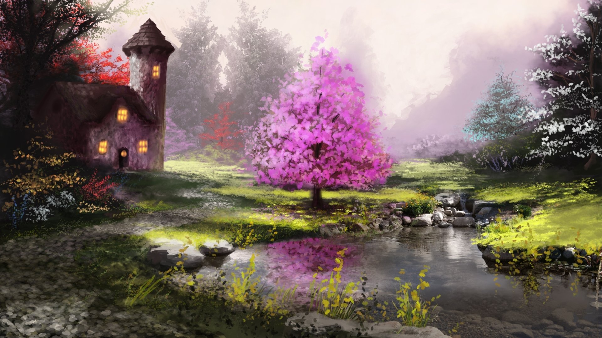 A serene landscape featuring a charming cottage beside a vibrant pink tree, with a tranquil pond reflecting the surrounding lush greenery. An artistic painting suitable as an HD desktop wallpaper.
