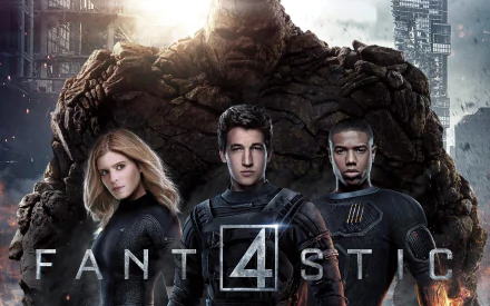 HD desktop wallpaper featuring the main characters from the 2015 Fantastic Four movie, with the title prominently displayed in the center. The image shows a dramatic background with a cityscape.