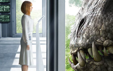 HD desktop wallpaper featuring Bryce Dallas Howard from Jurassic World, standing next to a large dinosaur in a modern facility.