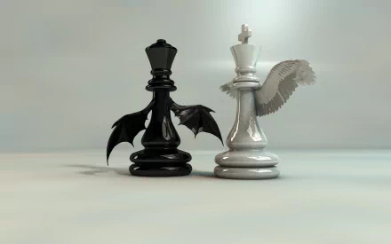 HD PC desktop wallpaper featuring a man-made black chess king with bat wings and a white chess king with angel wings, symbolizing a dramatic contrast between good and evil.