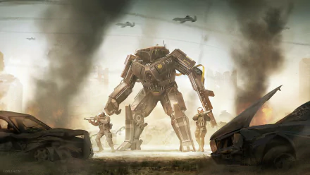 Futuristic sci-fi scene featuring a towering combat robot and armed soldiers amidst smoke and destruction, rendered as an HD PC desktop wallpaper.