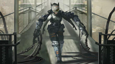 Sci-fi woman warrior in bodyarmor strides down an industrial bridge, trailing cables and broken tech — gritty HD PC desktop wallpaper and background.