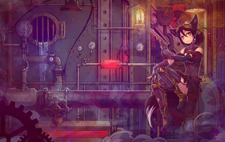 A vibrant steampunk scene featuring a character sitting on a pipe amidst intricate machinery and colorful lights, creating an immersive sci-fi atmosphere for a striking HD desktop wallpaper.