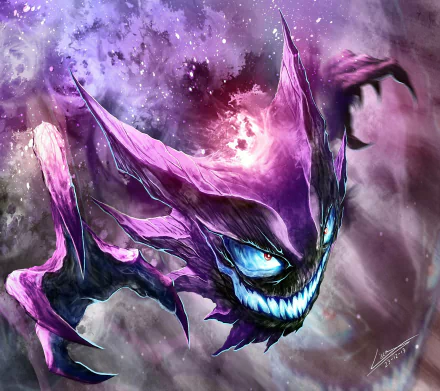 A vibrant HD wallpaper featuring Haunter, the ghostly Pokémon from the video game series, showcases its menacing expression against a colorful, swirling background.