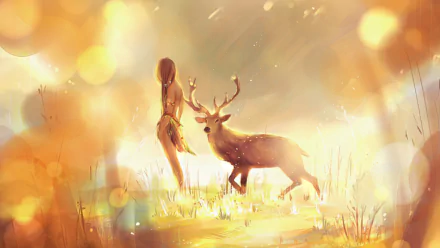 Fantasy-themed HD PC desktop wallpaper featuring a glowing deer and a mystical figure in a luminous, warm-toned forest setting.