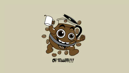 HD desktop wallpaper featuring an animated coffee bean character with a mug and the phrase OH YEAH!!! on a beige background.