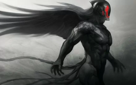 HD wallpaper of a dark, majestic angel with expansive wings and a red visor, set against a misty backdrop.