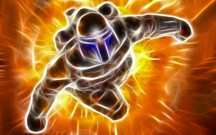 Dynamic HD wallpaper featuring Jango Fett from the Star Wars universe, showcasing an action-packed design with vibrant orange and yellow bursts of energy.