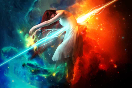 A surreal HD PC desktop wallpaper featuring a manipulated image of a woman suspended between vibrant blue and fiery orange cosmic backgrounds.