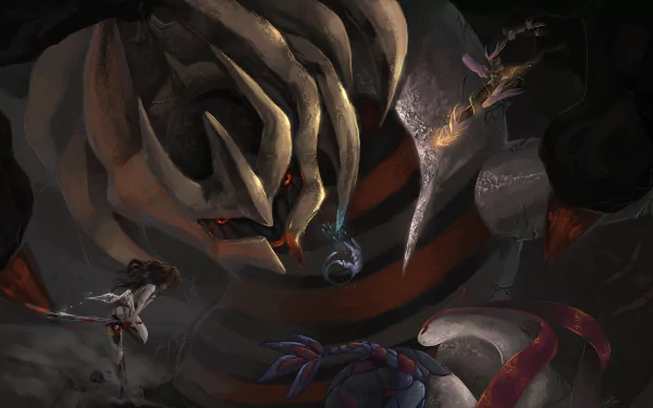 A dramatic HD wallpaper featuring Pokémon Milotic and Giratina in an epic scene, showcasing their intricate designs and the intense atmosphere of the video game world.