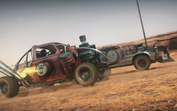 4K Ultra HD PC desktop wallpaper featuring a rugged, post-apocalyptic vehicle from the Mad Max video game racing across a dusty desert landscape.