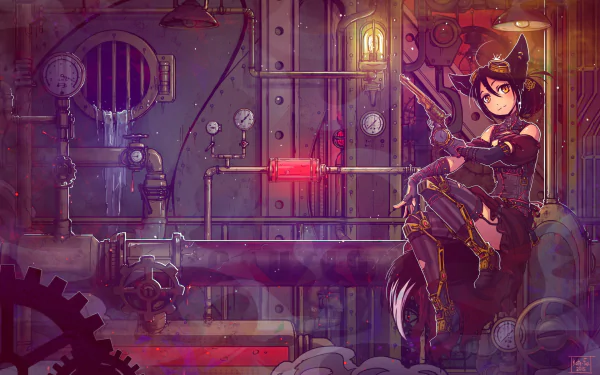 A vibrant steampunk scene featuring a character sitting on a pipe amidst intricate machinery and colorful lights, creating an immersive sci-fi atmosphere for a striking HD desktop wallpaper.
