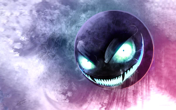 HD PC desktop wallpaper featuring Gastly, the ghost-type Pokémon, with glowing eyes and a dark, smoky background from the Pokémon video game series.