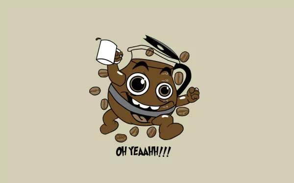 HD desktop wallpaper featuring an animated coffee bean character with a mug and the phrase OH YEAH!!! on a beige background.