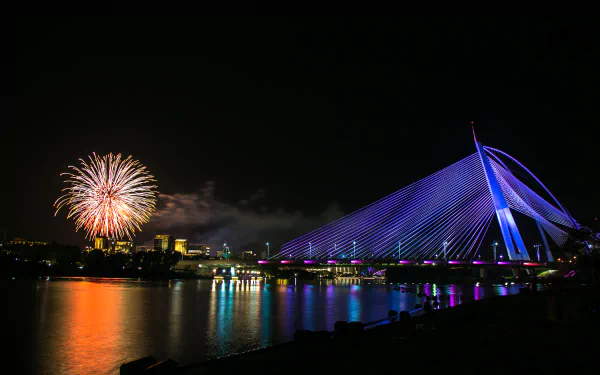 fireworks night Malaysia Putrajaya man made Seri Wawasan Bridge HD Desktop Wallpaper | Background Image