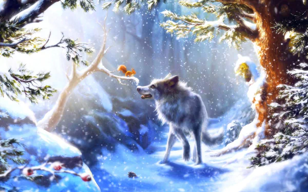 HD desktop wallpaper of a serene winter forest with snow. A wolf stands on a snow-covered path looking at a squirrel perched on a branch. Light filters through trees, creating a peaceful atmosphere.