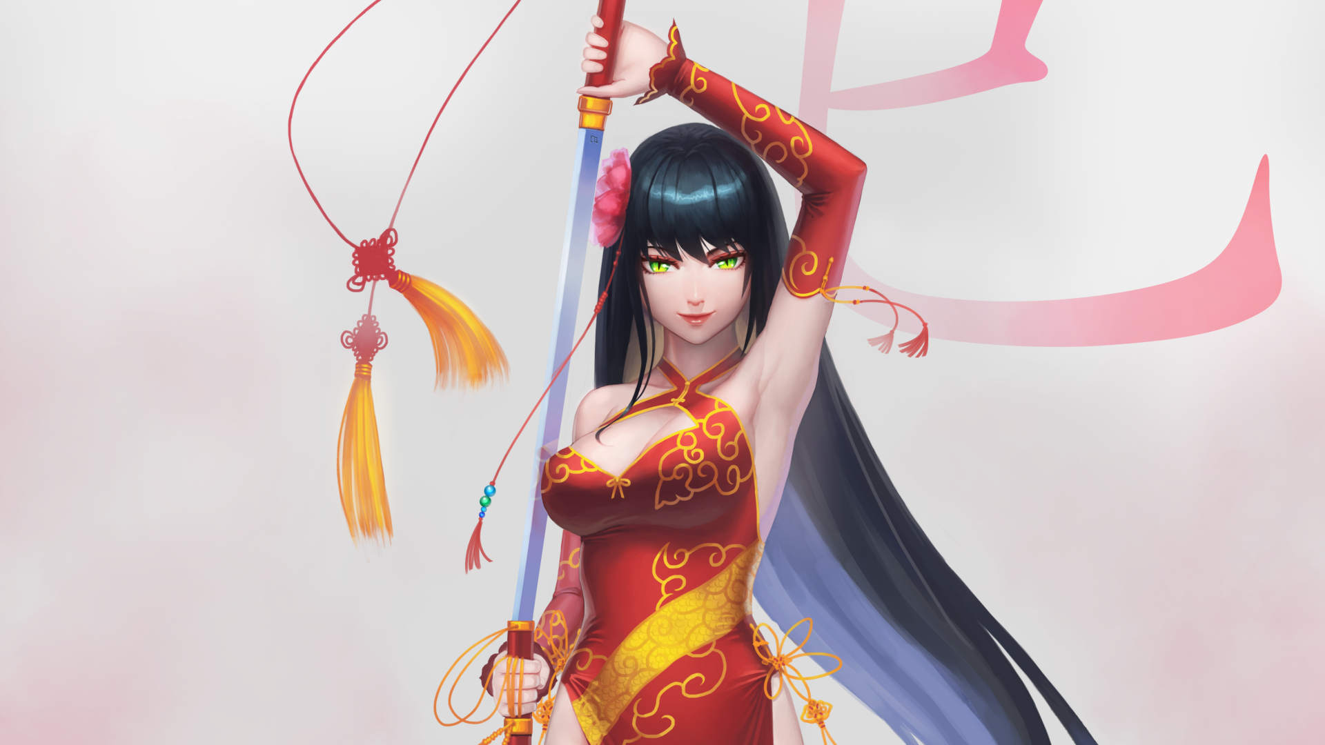 Anime warrior with green eyes and long black hair, elegantly wielding a sword, dressed in a vibrant red outfit adorned with gold accents, set against a stylized background.