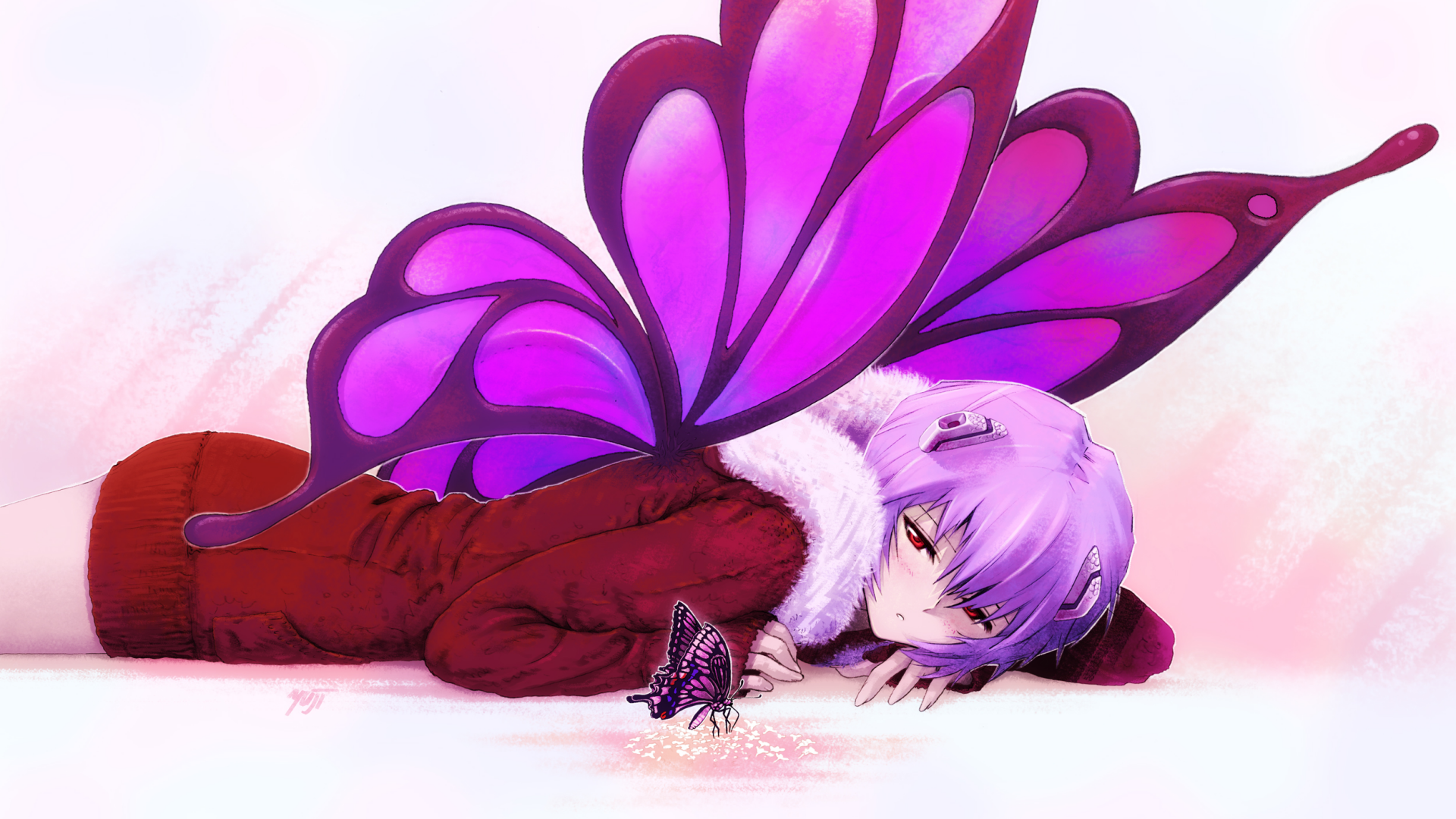 A digital artwork featuring Rei Ayanami from Neon Genesis Evangelion, with short purple hair and red eyes, lying down with striking purple butterfly wings and a butterfly nearby.