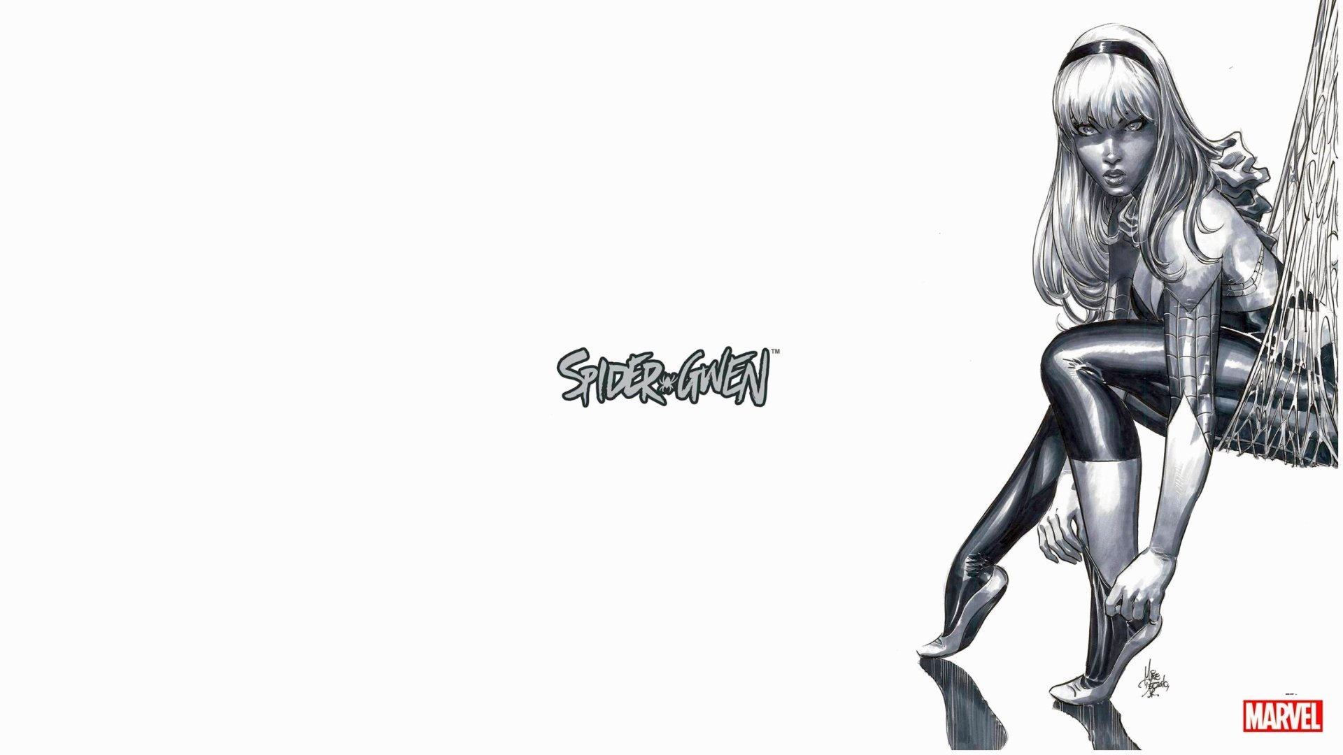 2K Quad HD PC desktop wallpaper of comic Spider‑Gwen crouching in monochrome at right, with the Spider‑Gwen logo centered on a white background.