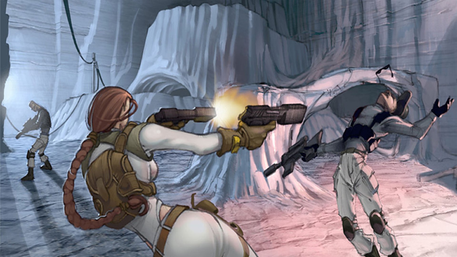 HD PC desktop wallpaper featuring action from the video game Tomb Raider: Legend, showing Lara Croft firing pistols inside an icy cavern.