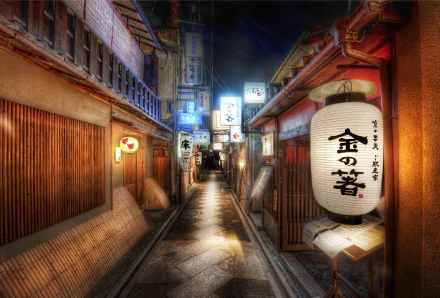 A vibrant night scene in a lantern-lit alleyway in Kyoto, Japan, captured in HD for desktop wallpaper and background use.