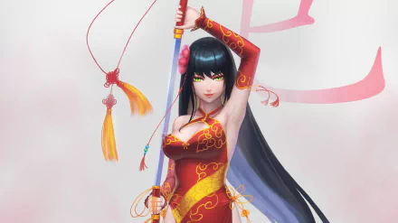 Anime warrior with green eyes and long black hair, elegantly wielding a sword, dressed in a vibrant red outfit adorned with gold accents, set against a stylized background.