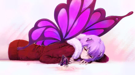 A digital artwork featuring Rei Ayanami from Neon Genesis Evangelion, with short purple hair and red eyes, lying down with striking purple butterfly wings and a butterfly nearby.