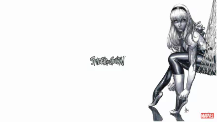 2K Quad HD PC desktop wallpaper of comic Spider‑Gwen crouching in monochrome at right, with the Spider‑Gwen logo centered on a white background.