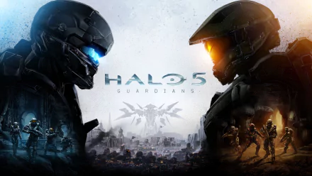 HD desktop wallpaper featuring Master Chief from Halo 5: Guardians, with a dramatic face-off scene set against a war-torn cityscape.