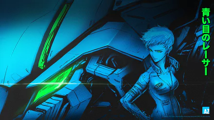 HD sci-fi desktop wallpaper featuring a confident woman in a futuristic suit standing beside a glowing, high-tech mech or vehicle.