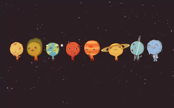HD sci-fi desktop wallpaper featuring a cartoon representation of the solar system planets lined up against a starry black background.