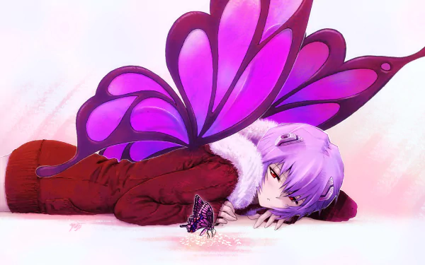 A digital artwork featuring Rei Ayanami from Neon Genesis Evangelion, with short purple hair and red eyes, lying down with striking purple butterfly wings and a butterfly nearby.