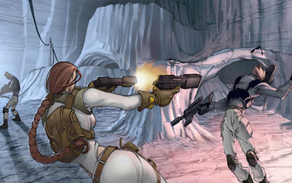 HD PC desktop wallpaper featuring action from the video game Tomb Raider: Legend, showing Lara Croft firing pistols inside an icy cavern.