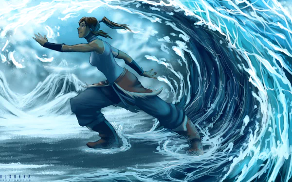 An HD desktop wallpaper featuring Korra from Avatar: The Legend of Korra, showcasing her mastery of water, with dynamic waves surrounding her as she prepares to unleash her power.