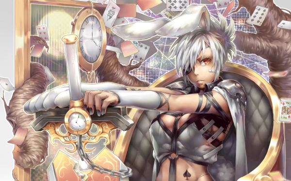 Video Game League Of Legends Riven Bunny Ears Card Sword Clock HD Wallpaper | Background Image