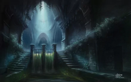 A shadowy fantasy ruin with ancient stone stairs flanking a gated entrance, bathed in soft, ethereal light, designed as a HD PC desktop wallpaper background.