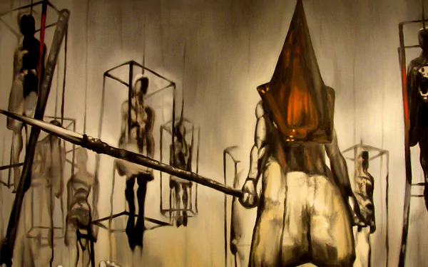 HD PC desktop wallpaper featuring Pyramid Head from the video game Silent Hill 2, surrounded by eerie humanoid figures in a dark, unsettling scene.