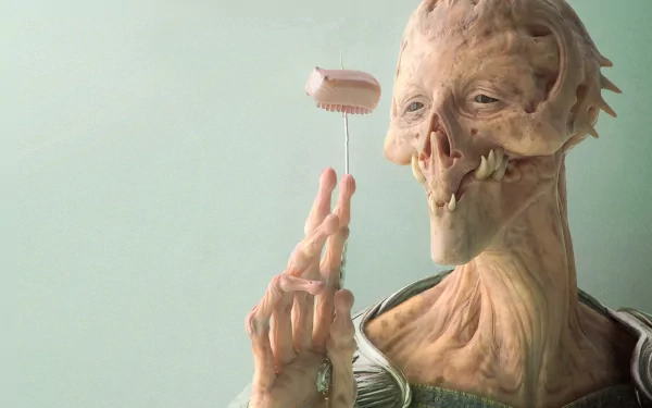 HD desktop wallpaper featuring a detailed Sci-Fi alien holding a small object on a stick against a light background.