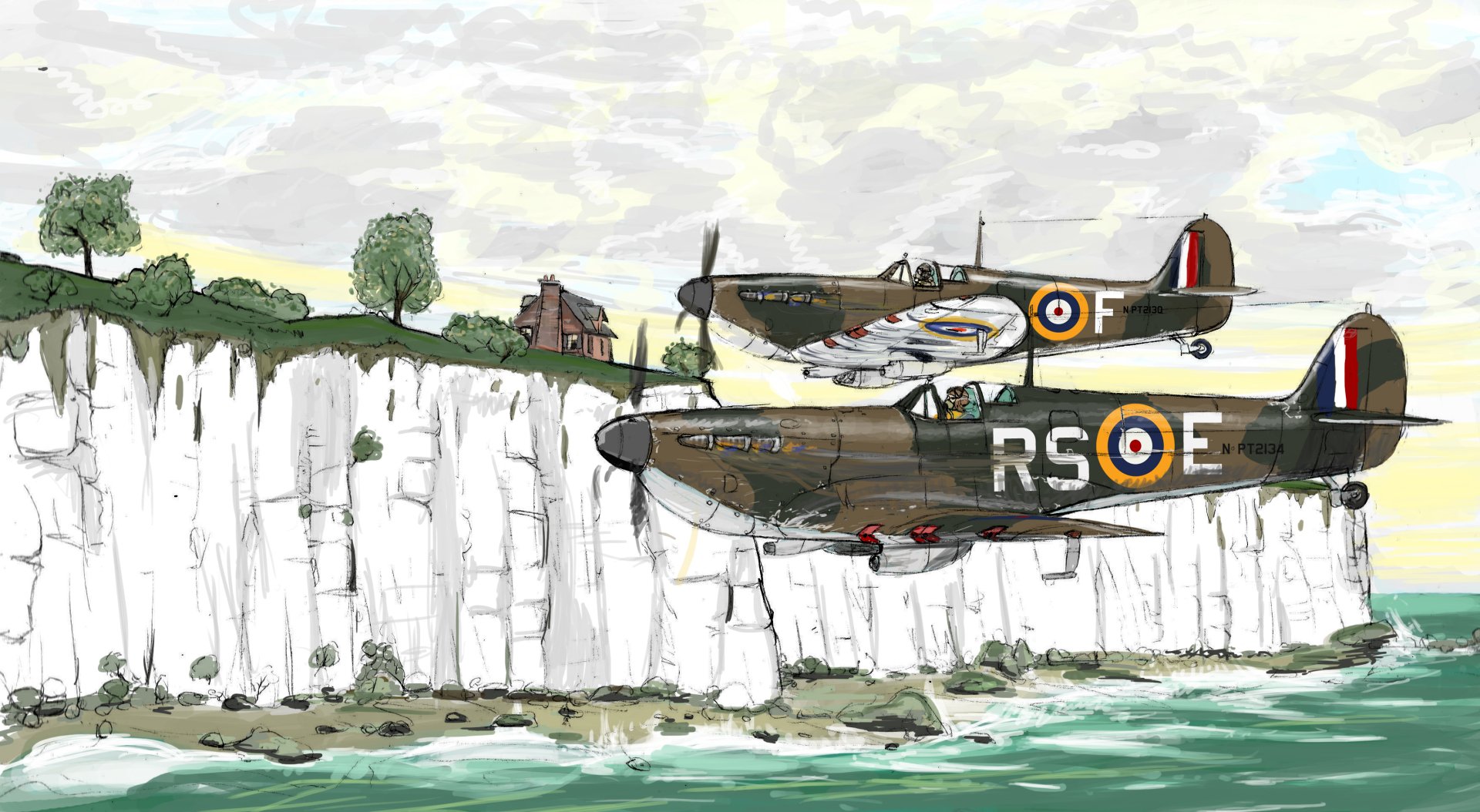 HD desktop wallpaper depicting World War II military aircraft flying above white chalk cliffs along a coastline.
