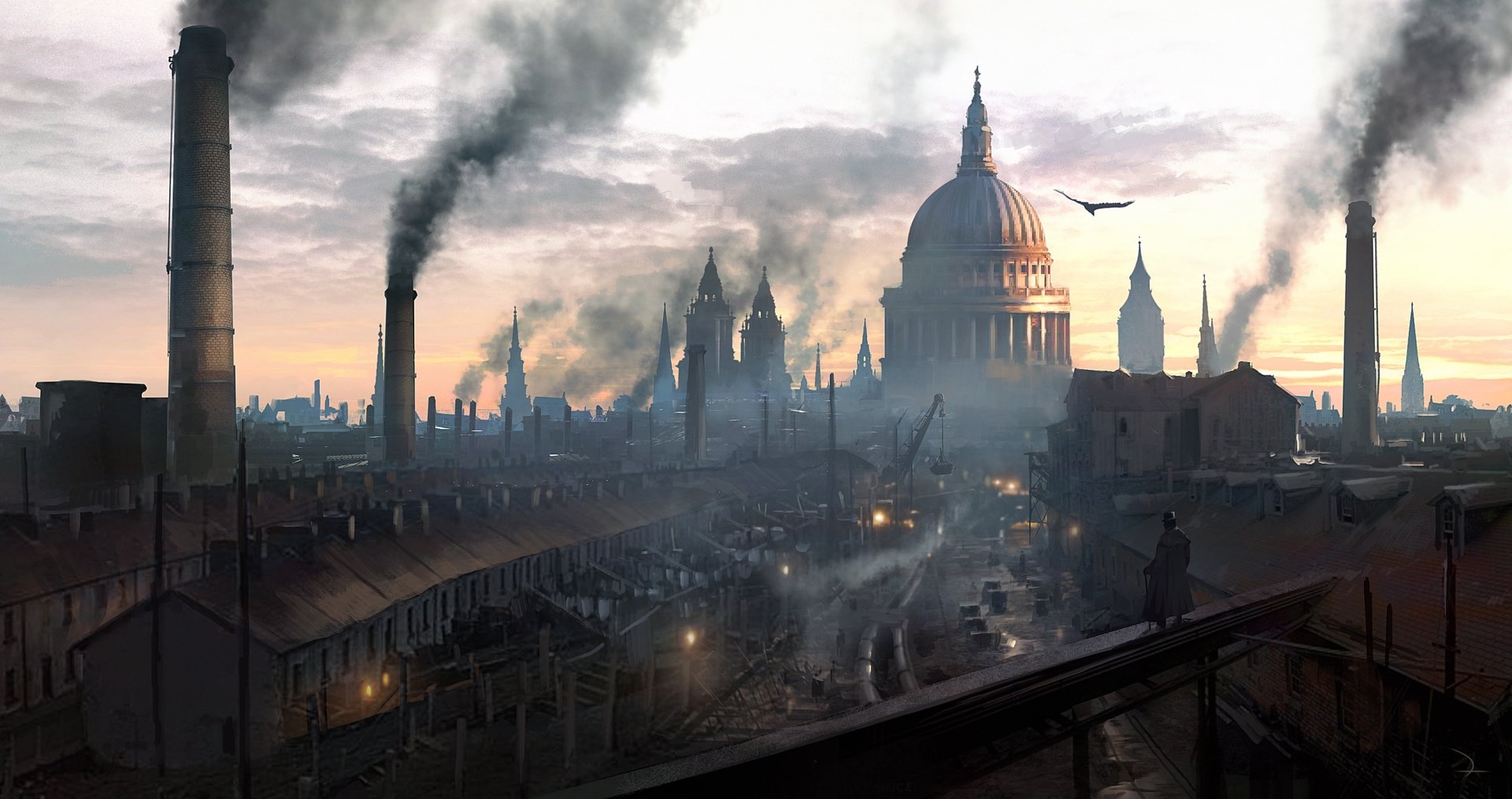 HD PC desktop wallpaper featuring a foggy, industrial London skyline from the video game Assassin's Creed: Syndicate, showcasing smoky chimneys and historic architecture.