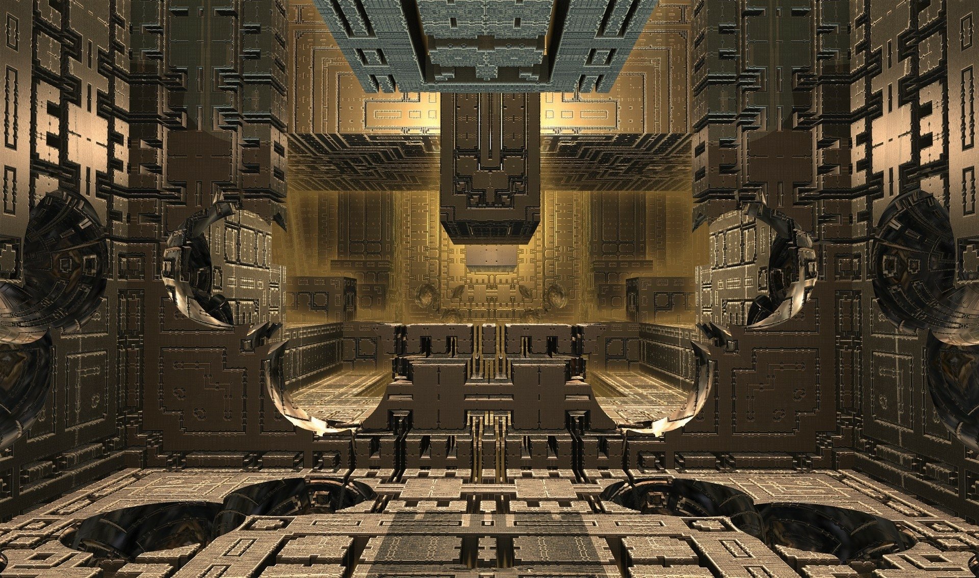 A detailed 3D CGI fractal artwork featuring an intricate, symmetrical mechanical structure in metallic tones, designed as an HD PC desktop wallpaper background.