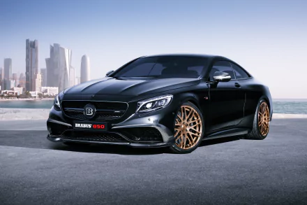 Sleek black Mercedes-Benz Brabus 850 with bronze wheels parked on rooftop, city skyline and ocean in background, captured in sharp 4K Ultra HD detail.