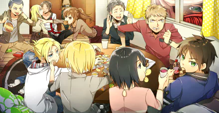 HD wallpaper featuring characters Sasha Blouse, Ymir, Reiner Braun, Jean Kirstein, Annie Leonhart, Mikasa Ackerman, Armin Arlert, and Eren Yeager from the anime Attack on Titan in a lively group setting.