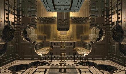 A detailed 3D CGI fractal artwork featuring an intricate, symmetrical mechanical structure in metallic tones, designed as an HD PC desktop wallpaper background.