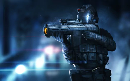 A futuristic sci-fi soldier aiming a high-tech weapon, depicted in a 4K Ultra HD video game style, set against a dark, blurred background.
