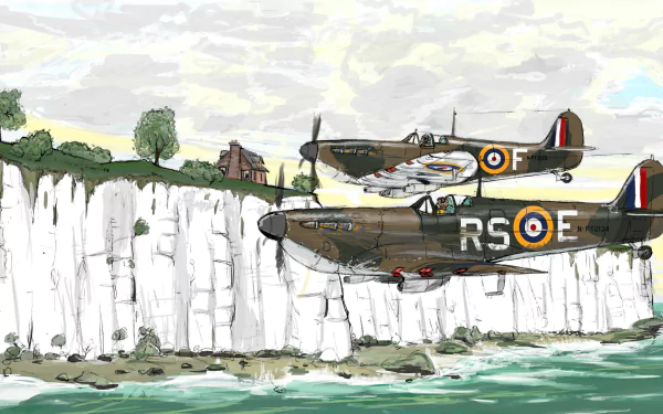 HD desktop wallpaper depicting World War II military aircraft flying above white chalk cliffs along a coastline.