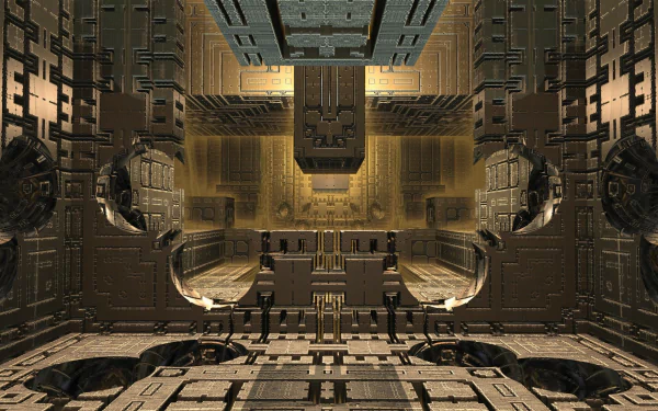 A detailed 3D CGI fractal artwork featuring an intricate, symmetrical mechanical structure in metallic tones, designed as an HD PC desktop wallpaper background.